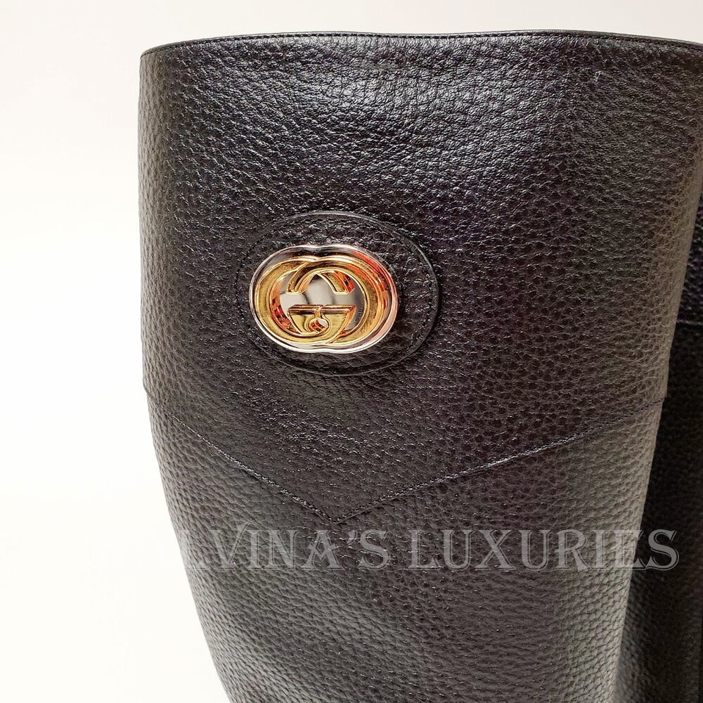 GUCCI BOOTS BLACK LEATHER TALL INTERLOCKING G LOGO sz IT 40.5 US 10.5 - Picture 8 of 16